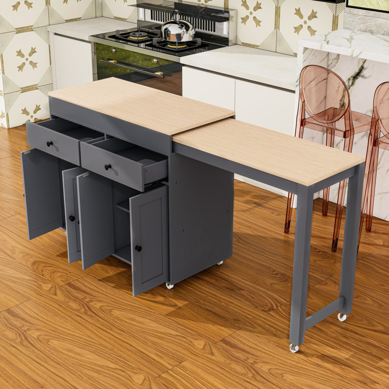 Extendable Kitchen Island Cart with Dining Table, Storage Cabinet, Spice Rack and Lockable Wheels, Gray