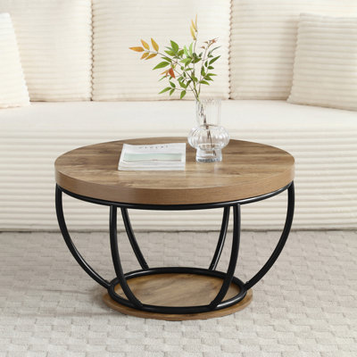 Table basse ronde industrielle avec tablettes de rangement à 2 niveaux