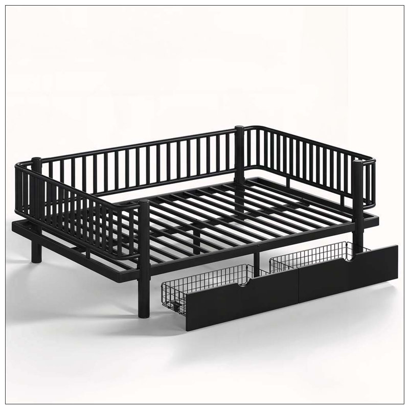 Platform Bed with Storage Drawers, Lit double, Noir