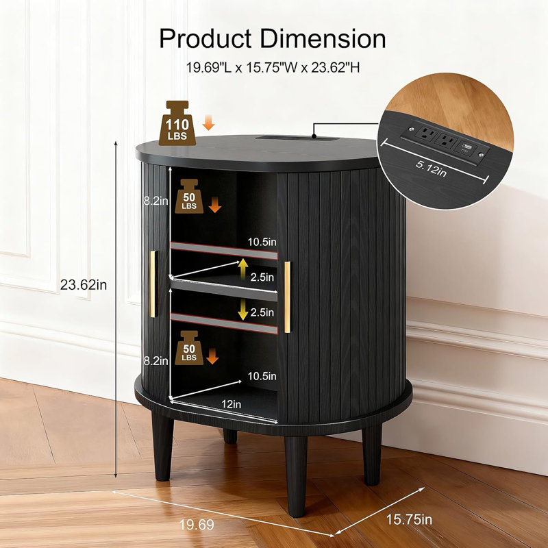 Table de chevet en bois de 19,69 po avec armoire de rangement, table de bout ovale avec tablette réglable et station de charge (noir)