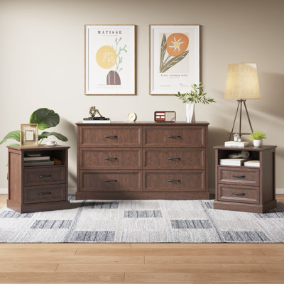 Ensemble de chambre à coucher 3 pièces, commode 6 tiroirs et tables de chevet 2 tiroirs