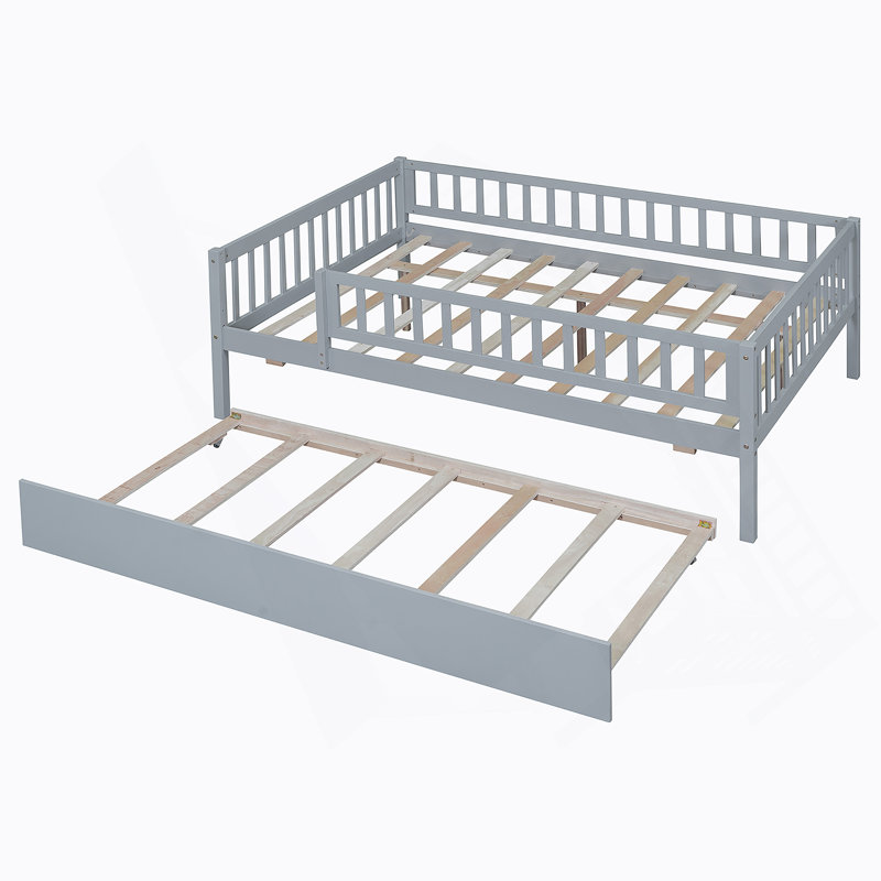 Wood Daybed With Trundle And Fence Guardrails, Gray, Full/Double