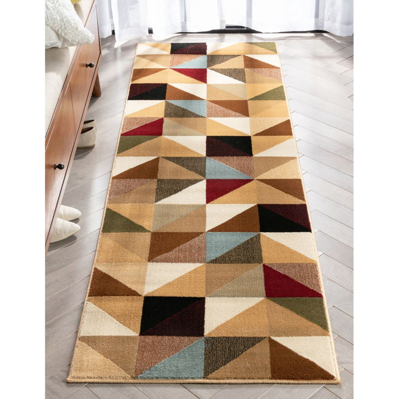 Chimeng Emine Geometric Ivory Multi Plush Pile Area Rug, Runner 2'3" x 7'3"