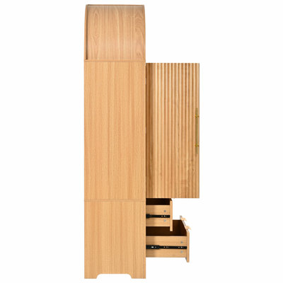 Armoire de cuisine 72 po avec 2 tiroirs, armoire de rangement cannelée de style Mid-Century avec 8 tablettes réglables, organisateur de placard en bois pour les cuisines, salon, naturel