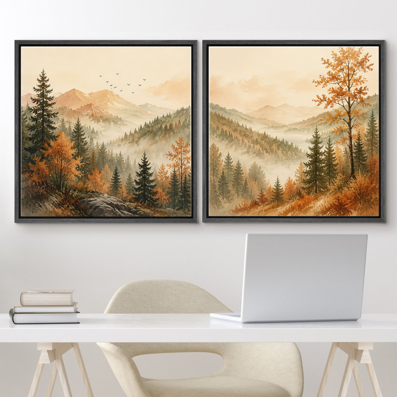 «Serene Mountain Valley with Pine Trees and Soft Autumn Landscape», ensemble de 2 reproductions d'art encadrées, Cadre noir