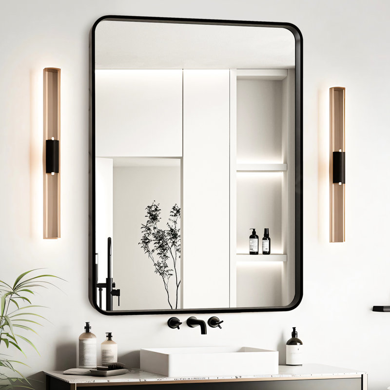 Miroir de salle de bain 28 po x 36 po avec cadre en aluminium noir - verre flottant HD pour réflexion, cadre rouillé, fixation murale sécurisée, lignes transparentes bien emballées, alliage, membrane résistante, supports à barre en Z facile à suspendre,
