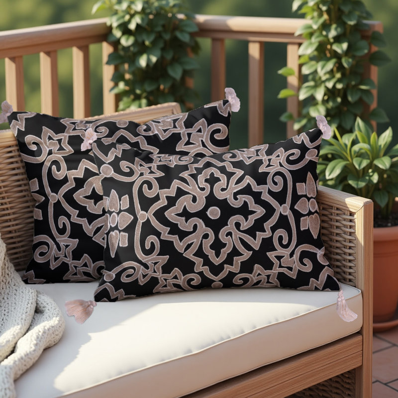 Black Linen Throw Pillow Covers Set with Beige Embroidery – Christmas Decor 14x20 for Sofa & Room, 14X20, Black Beige