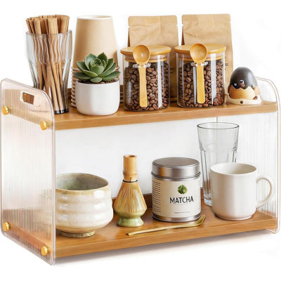 2 Tier Coffee Station Organizer, Acrylic, Pine Wood coffee bar shelf, Easy to Clean matcha station for Kitchen Countertops, for Placing Mugs, Coffee Beans, Syrup, Cups etc
