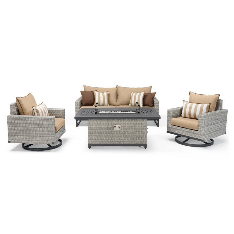 Milo Motion 4 Piece Rattan Sunbrella Sofa Set with Cushions, Maxim Beige Sunbrella®, Gray