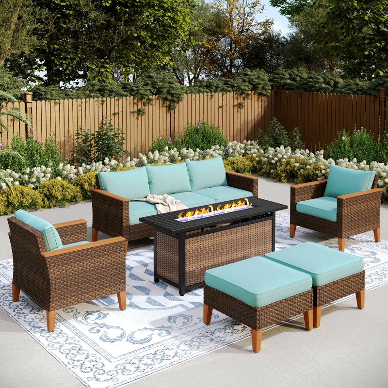 Shutesbury 7-Piece Wicker Outdoor Patio Furniture Set, Sectional Patio Set with Cushions, Yes, Blue