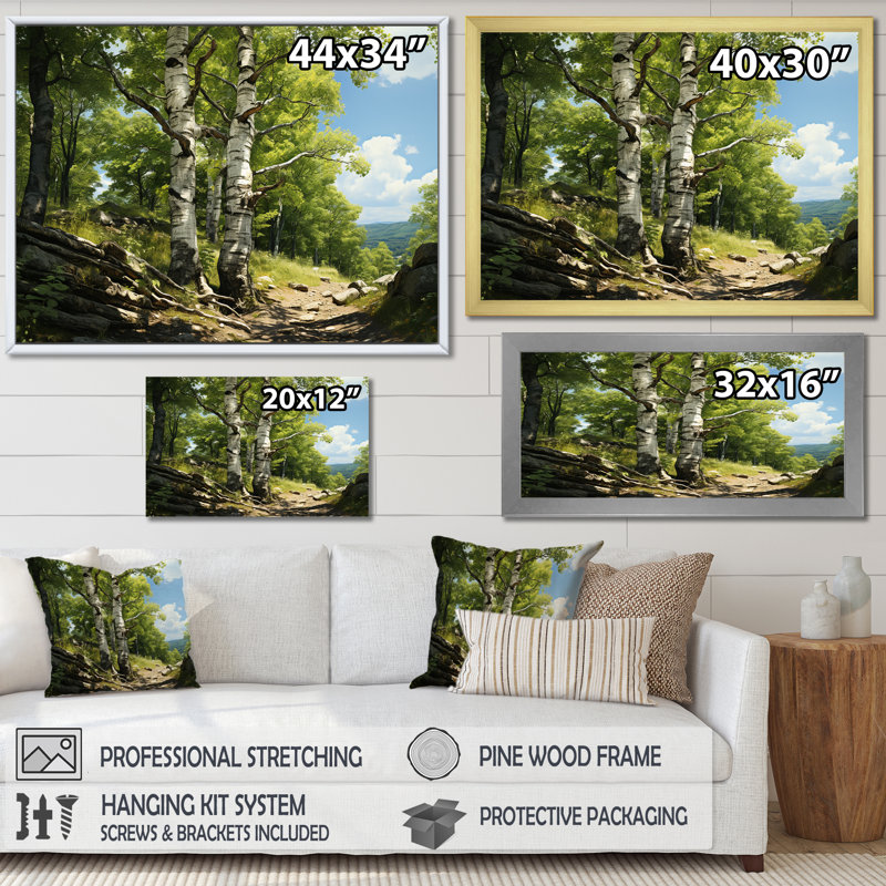 Birch Tree Forest Essence 1 - Arbre, art mural, Cadre doré à coins fermés, H 30 po x l 40 po x P 1,5 po