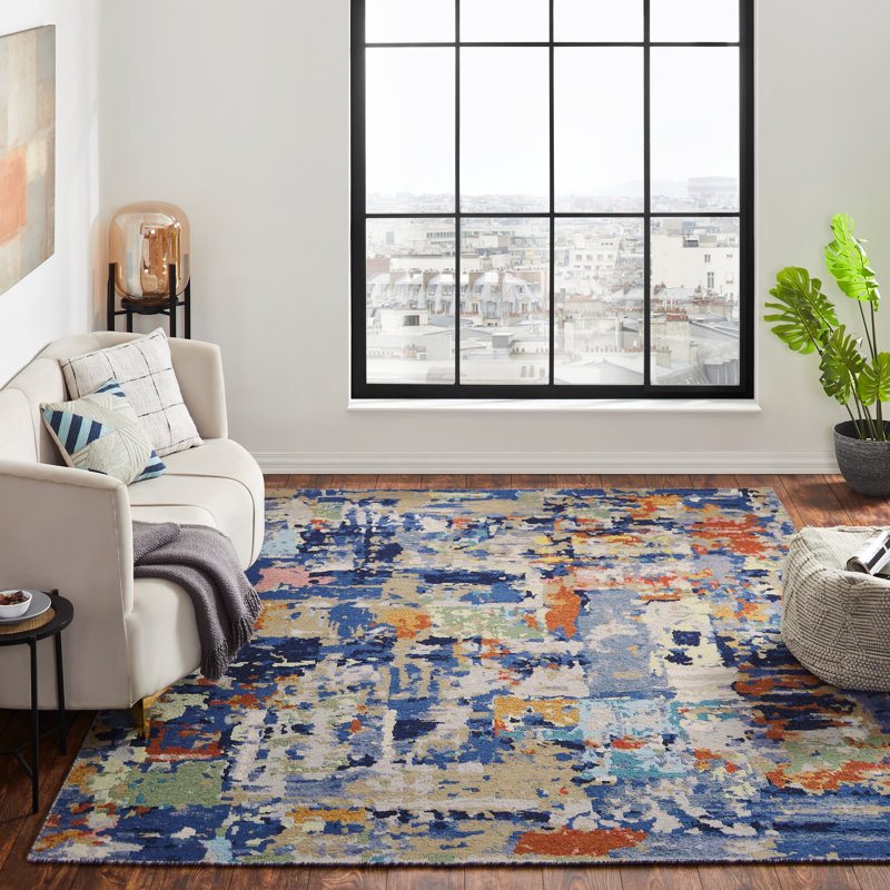 Wool Abstract Area Rug in Blue, Runner 2'6" x 12'