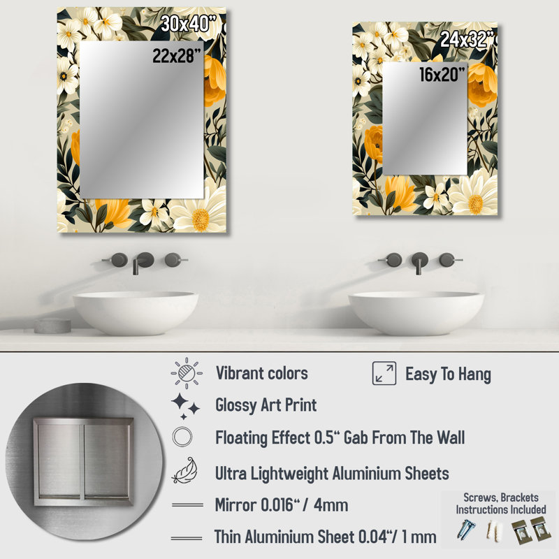 Manon Retro Floral Revival Botanical Pattern - botanical  Mirror, Botanical Decorative Wall Mirror, Printed Metal Art
