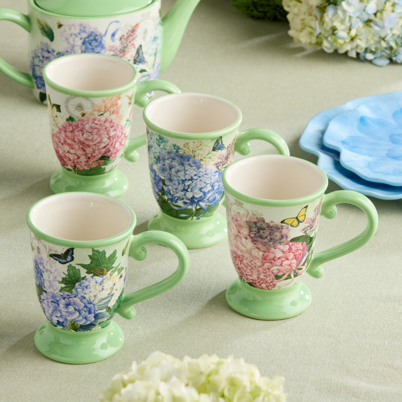 Ensemble de 4 tasses Garden Path - tasses à café sur pied en céramique 14 oz avec motif floral d'hortensias rose, mauve et blanc - va au lave-vaisselle, parfait pour le thé, le café et les cadeaux