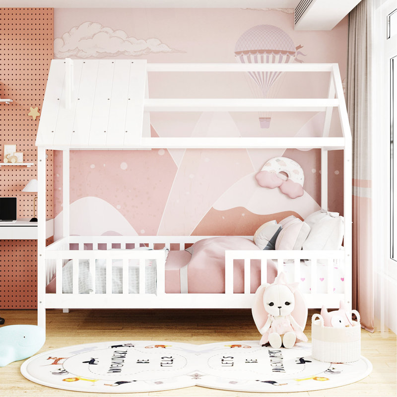 Designer-Inspired Twin Size Wood House Bed With Fence, White