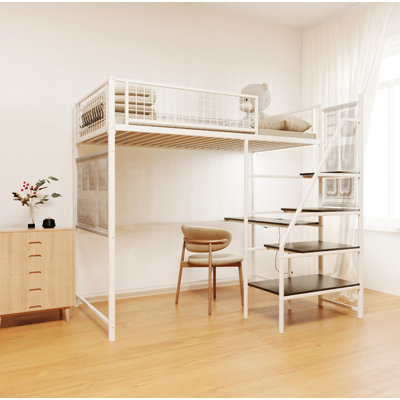 Loft Metal Bed For Bedroom And Dormitory, With Built-In Charging Station And LED Lighting