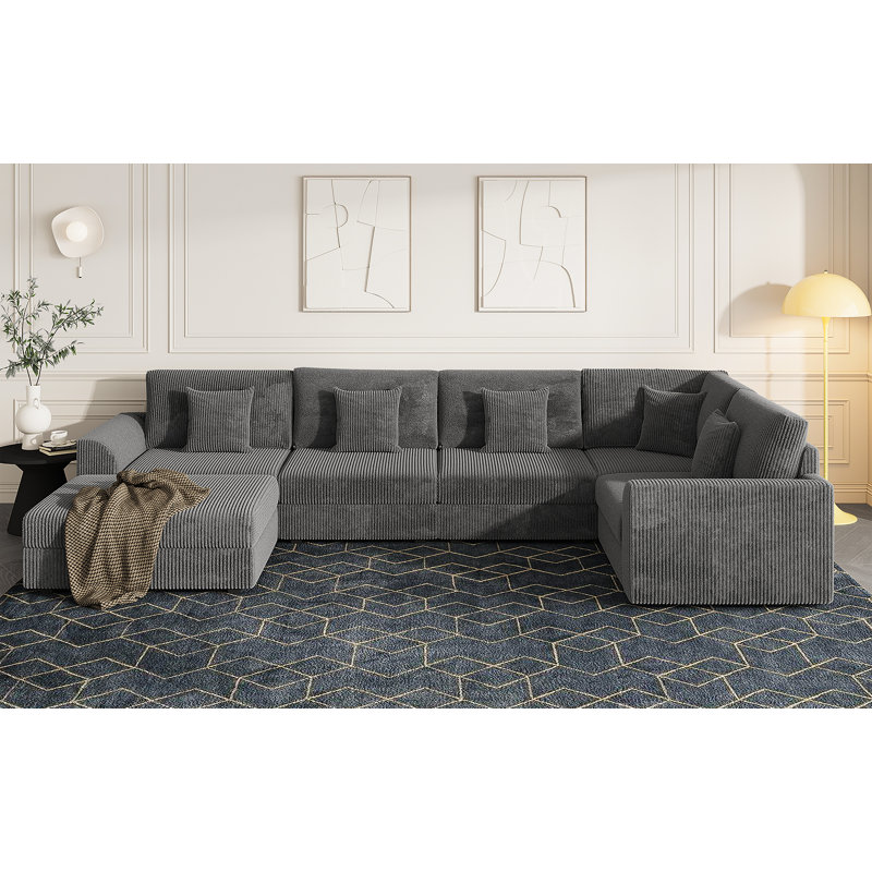 Kaneki 6 - Piece Slipcovered Corduroy Sectional Sofa Sleeper Couch, Gray, 35'' H X 146'' W X 78'' D