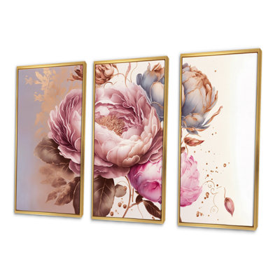«Pink and Gold Rose I», reproduction sur toile 3 pièces