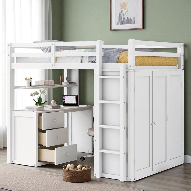 Lit mezzanine avec bureau intégré et garde-robe, Double, Blanc