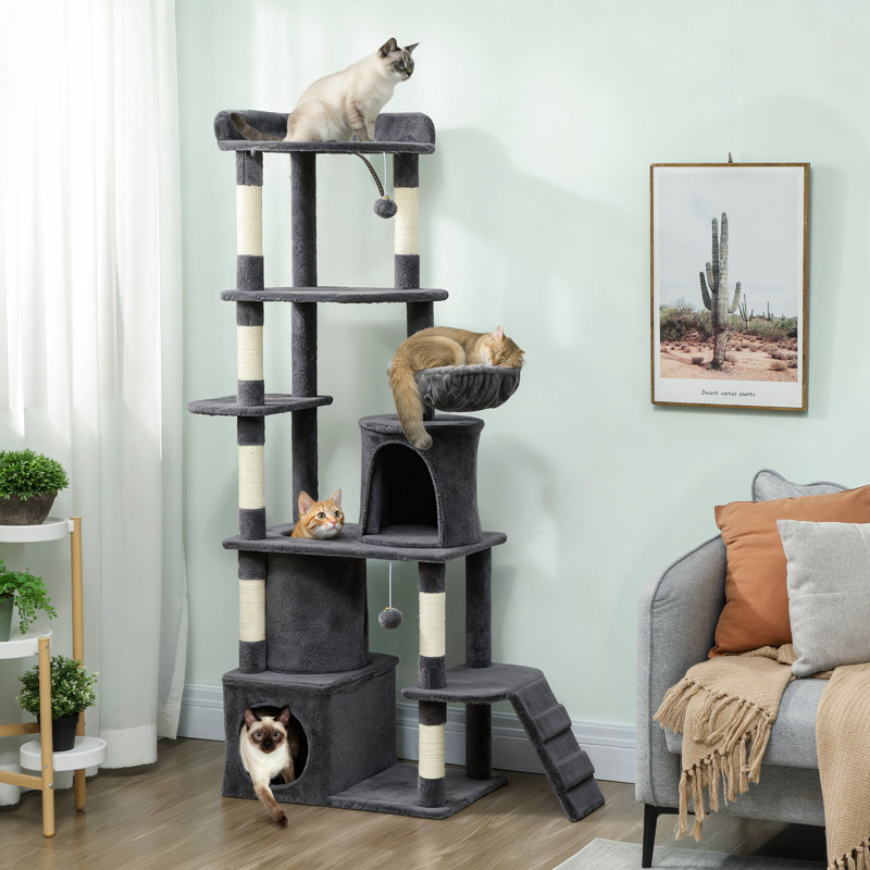 Arbre à chat, grande tour à chat 67 po avec 7 poteaux à griffer, gris foncé