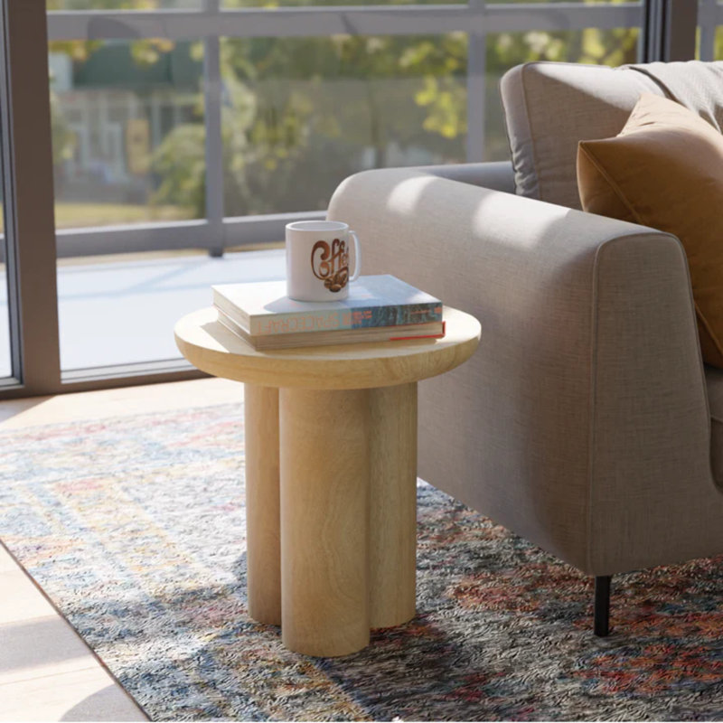 Modern Solid Wood Round End Table with Sculptural Pedestal Base, Natural Finish, Natural