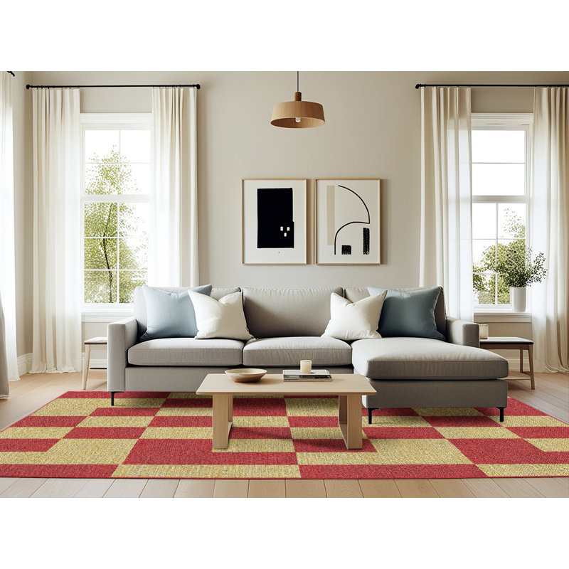 Tapis géométrique rouge / jaune, Rectangle 6 pi x 9 pi