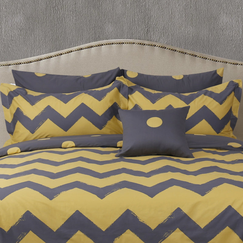 Ensemble de housse de couette réversible 100% coton jaune / gris 4 pièces, Housse de couette très grand + 3 pièces supplém