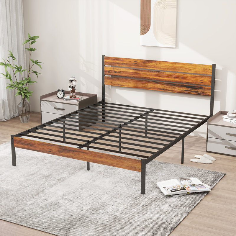 Base de lit plateforme en métal - sommier avec tête de lit et pied de lit, aucun sommier nécessaire avec support de lattes en bois robuste de 700 lb, silencieux et facile à assembler