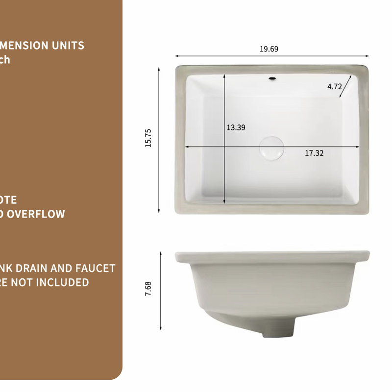 Lavabo de salle de bain rectangulaire encastré en céramique blanc, à cuisson élevée, finition lisse, trou de trop-plein, vasque American Design de 7,76 po de hauteur, teinture, installation facile, largeur 15,47 po