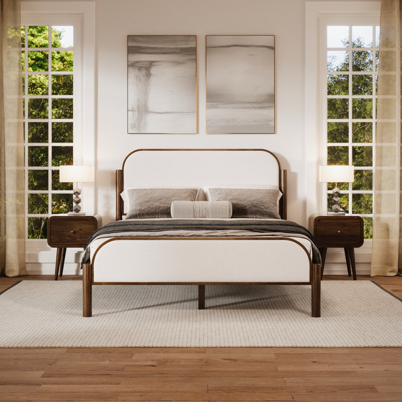 Ardin Solid Wood Bed With Boucle Upholstery, Walnut, Queen