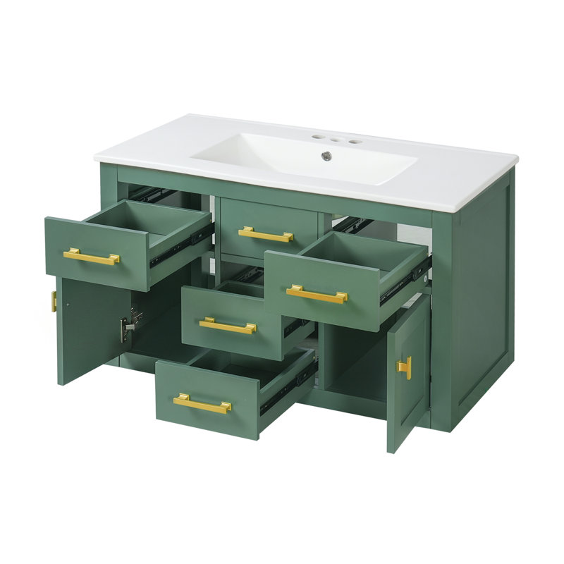 Meuble-lavabo mural de 91 cm (36 po) avec lavabo blanc lustré, plusieurs tiroirs et portes à fermeture amortie, style français