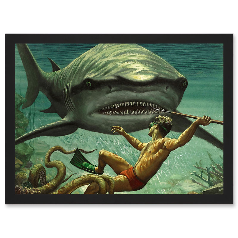 Shark Attack Octopus Diver Spear Adventure Underwater - Single Picture Frame Painting