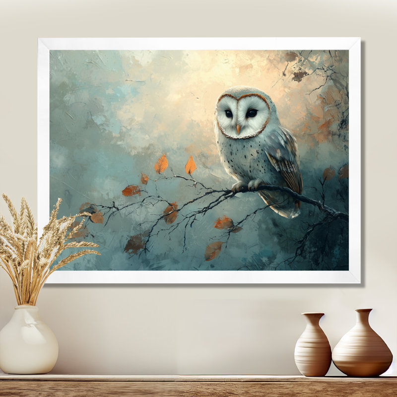 Gentle Owl at Night - hibou, art mural, H 34 po x l 44 po, Picture Framed, Blanc