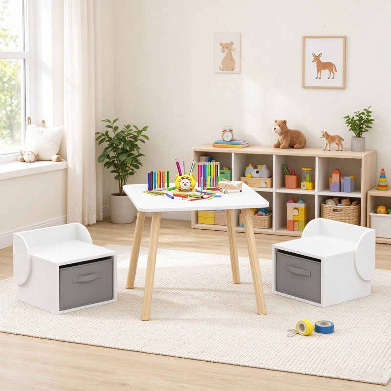 Table et 2 tabourets pour enfants, table d'activités en bois avec 2 tabourets de rangement, table de jeu pour enfants de 2 à 6 ans, idéale pour dessiner, bricoler, prendre la collation, dans la salle de jeux ou la chambre d'enfant.