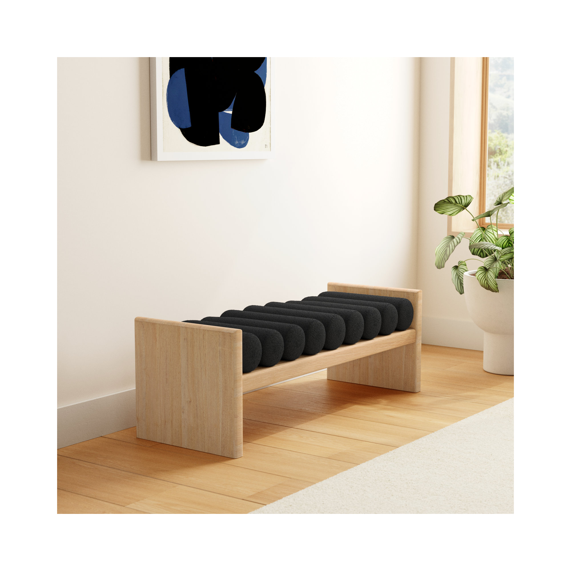 Reeves Boucle Wood Bench, Black Boucle Fabric / Natural Finish, 18" H x 52" W x 19" D