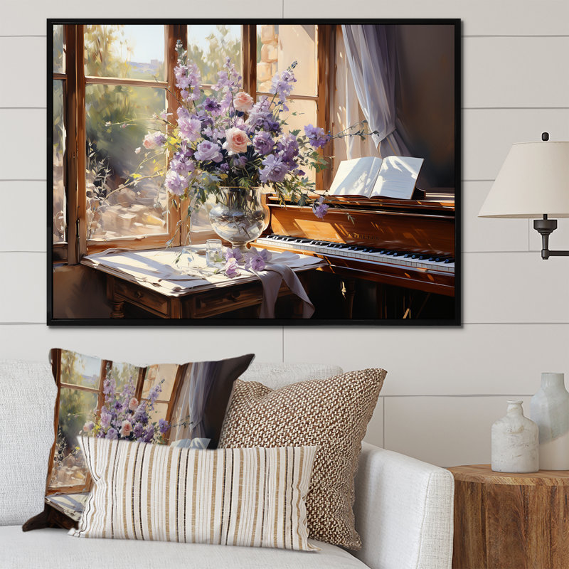 Piano, sérénade, fleurs mauves, bouquet I - assortiment de bouquets d'art mural, Cadre flottant noir