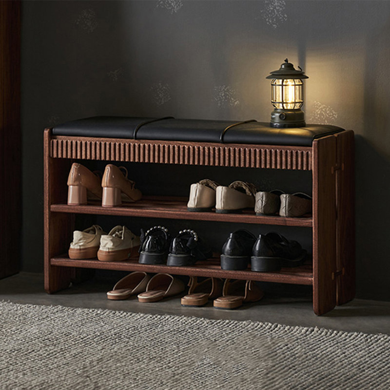 Retro-Style Black Walnut Two-Layer Shoe Rack For Storage And Shoe Changing Bench