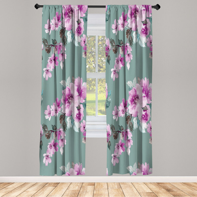 Microfiber Floral Semi-Sheer Rod Pocket Curtain Panels, 28" W x 63" L, Green/Purple