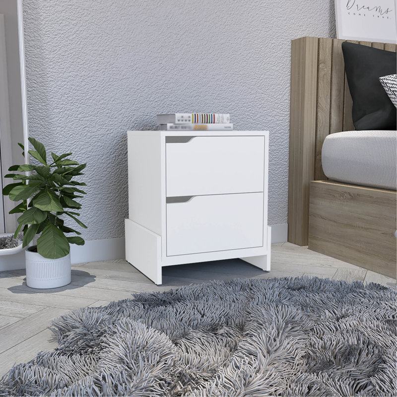Table de chevet avec 2 tiroirs, table de bout avec base robuste, Blanc