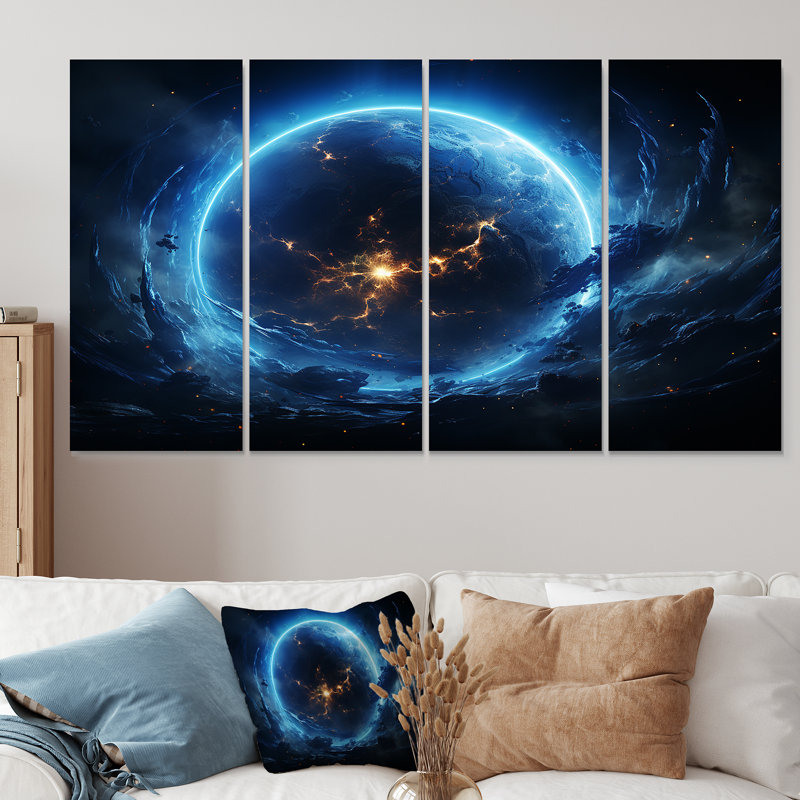 4 pièces d'art mural blanc et bleu avec espace cosmique, H 28 po x l 48 po