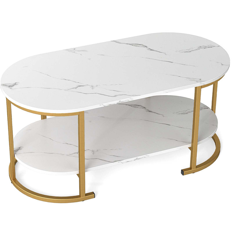 2-Tier Wooden Accent Table w/Spacious Tabletop Open Storage Shelf for Room, White, Gold