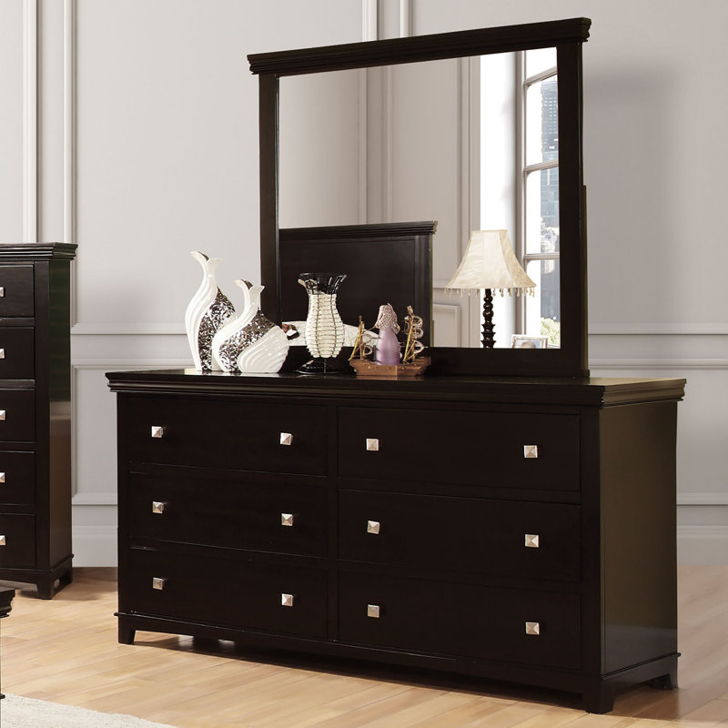 Commode double l 6 po à 6 tiroirs avec miroir Tussey, Brun foncé