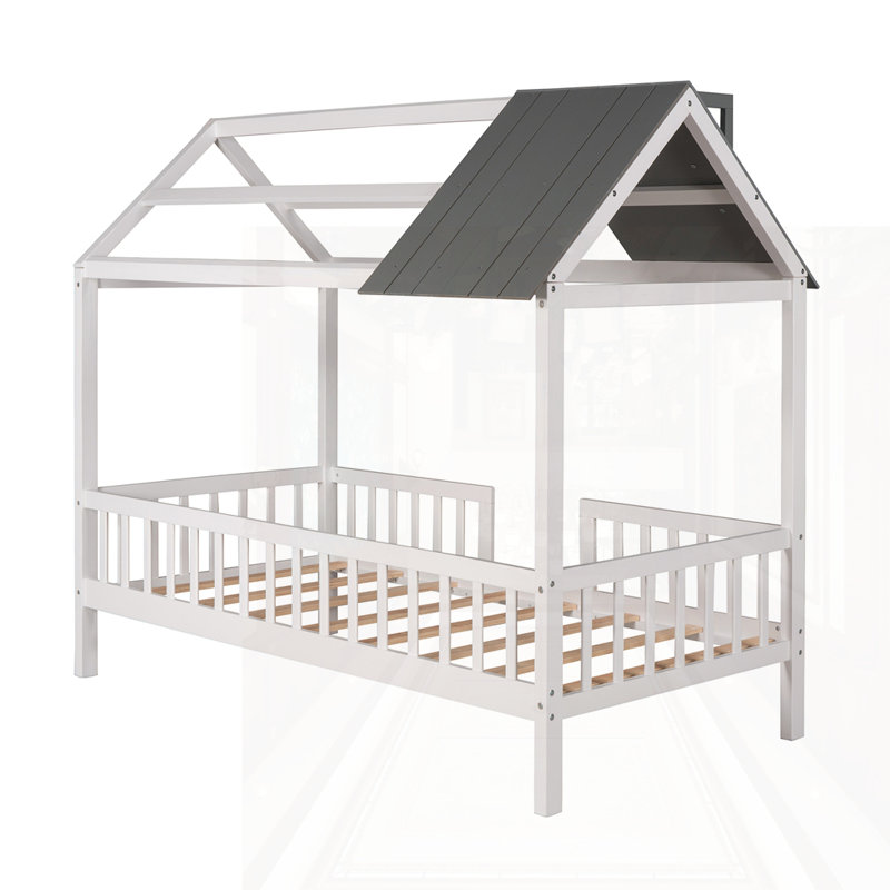 Lit simple en bois avec clôture, gris