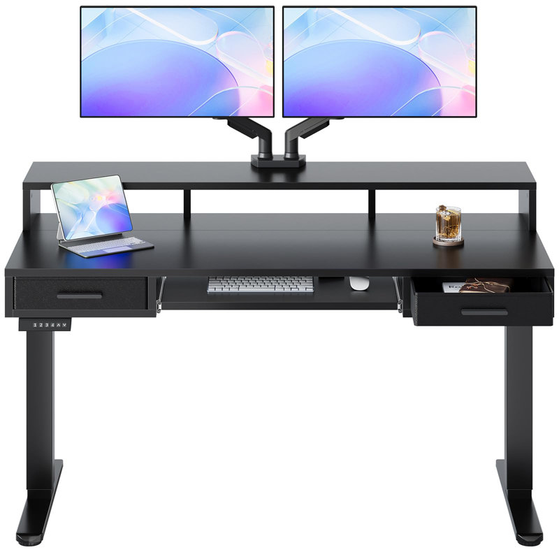 55*26 Electric Standing Desk With 24.4" Large Keyboard Tray & 2 Drawers, Deeper Desktop  Adjustable Sit Stand Desk With 4 Height Presets, C-Clamp Mount Compatible Computer Desk For Office