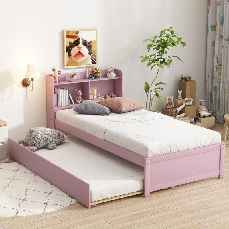 Twin Bed With Trundle,Bookcase,Pink, Twin, Pink