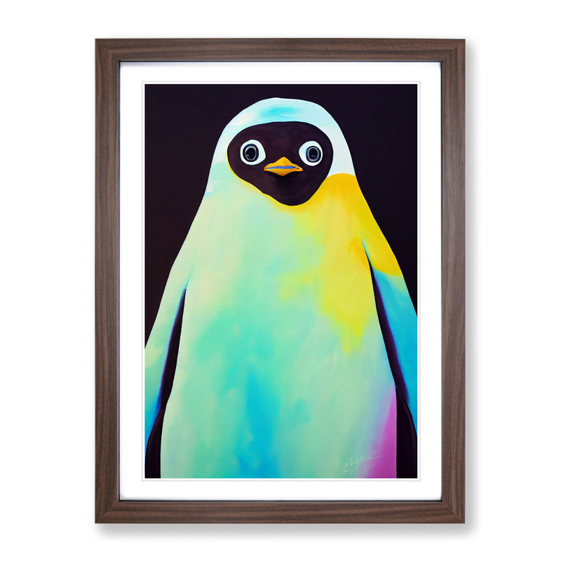 Penguin In Colour No.4 - Print, Walnut Picture Frame, 34cm H x 25cm W, White