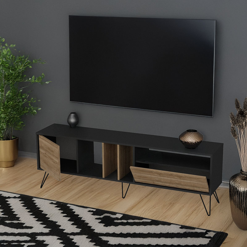 Meuble télé rectangulaire à pieds en métal pour meuble télé jusqu'à 78 po, 2 tablettes et 2 tablettes