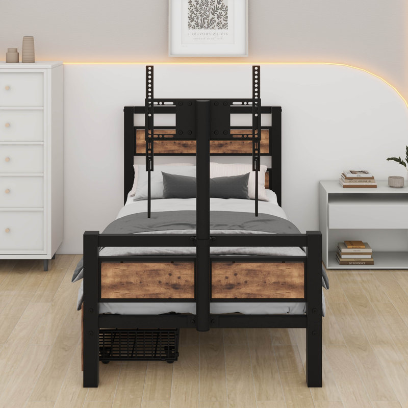 Lit simple avec support pour téléviseur pivotant et 2 tiroirs de rangement, cadre de lit plateforme en métal avec tête et pied de lit en bois, noir