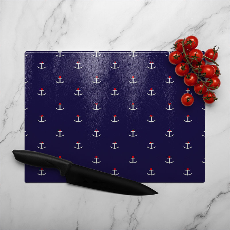 White Anchors On Glass Chopping Board, 40cm L x 28cm W