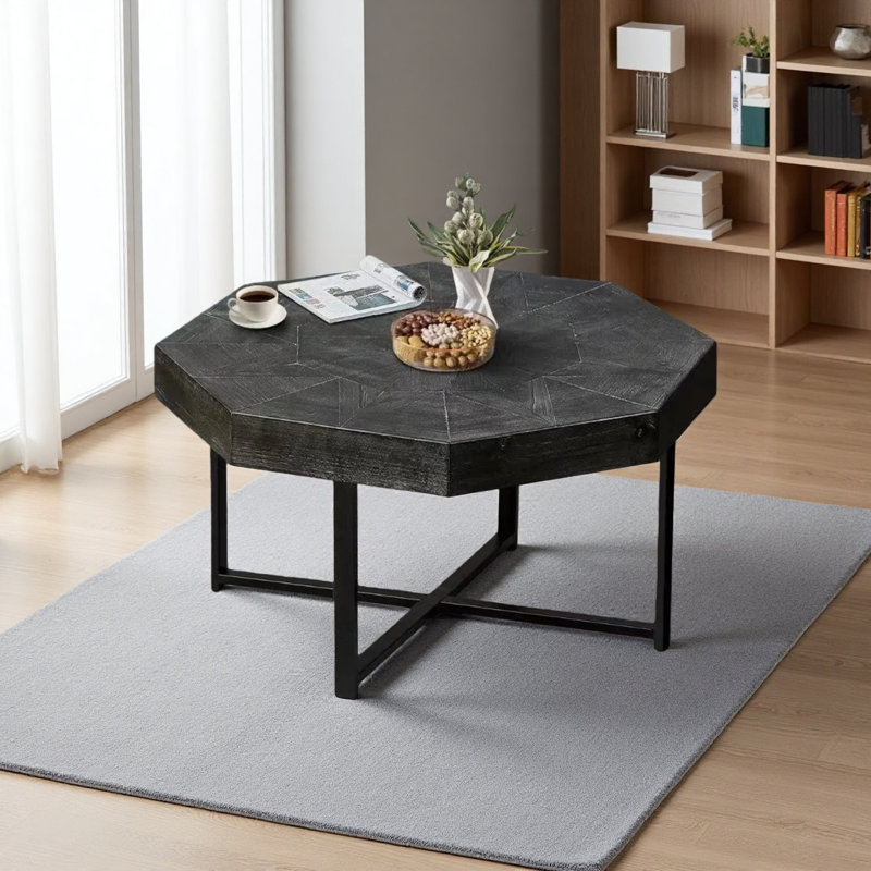 Table basse en bois à motif de patchwork rétro, Noir antique